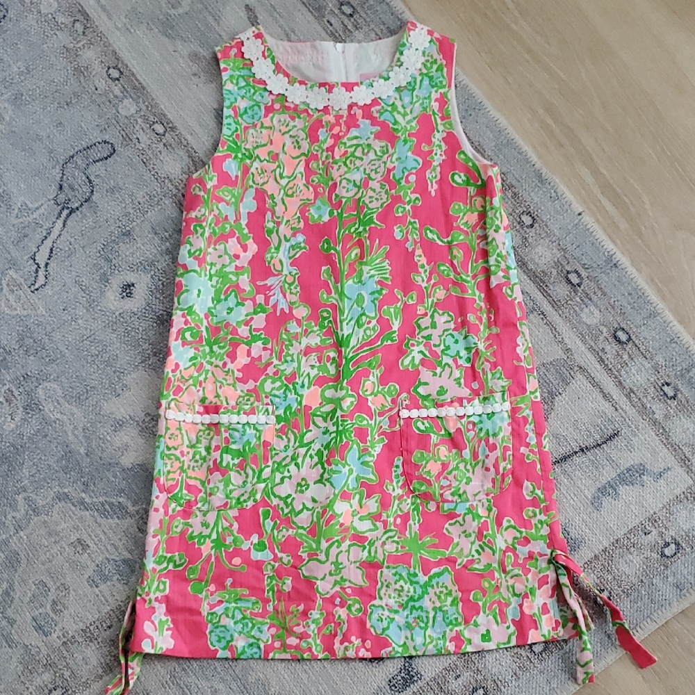 Lilly Pulitzer Girls Pink Green Floral Shift Dress Sz10